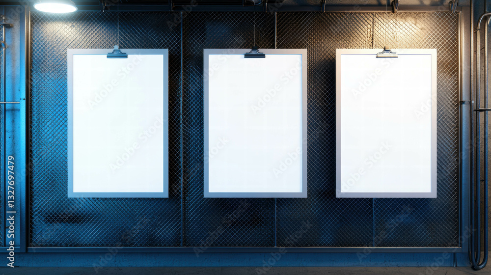 Poster minimalist white frames hanging on wire in industrial setting for modern display design