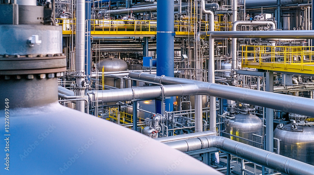 Aufkleber complex network of industrial pipes and tanks in a facility generative ai