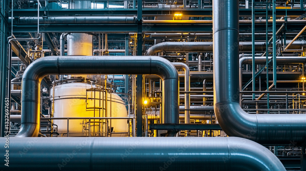 Poster intricate network of pipes and tanks in an industrial facility generative ai