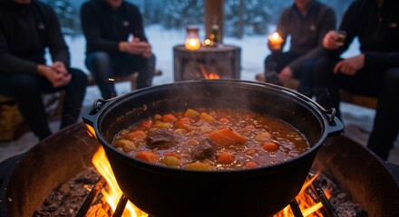 Fototapeta premium 焚き火で温まる温かい煮込み料理 冬の温もり感じる情景