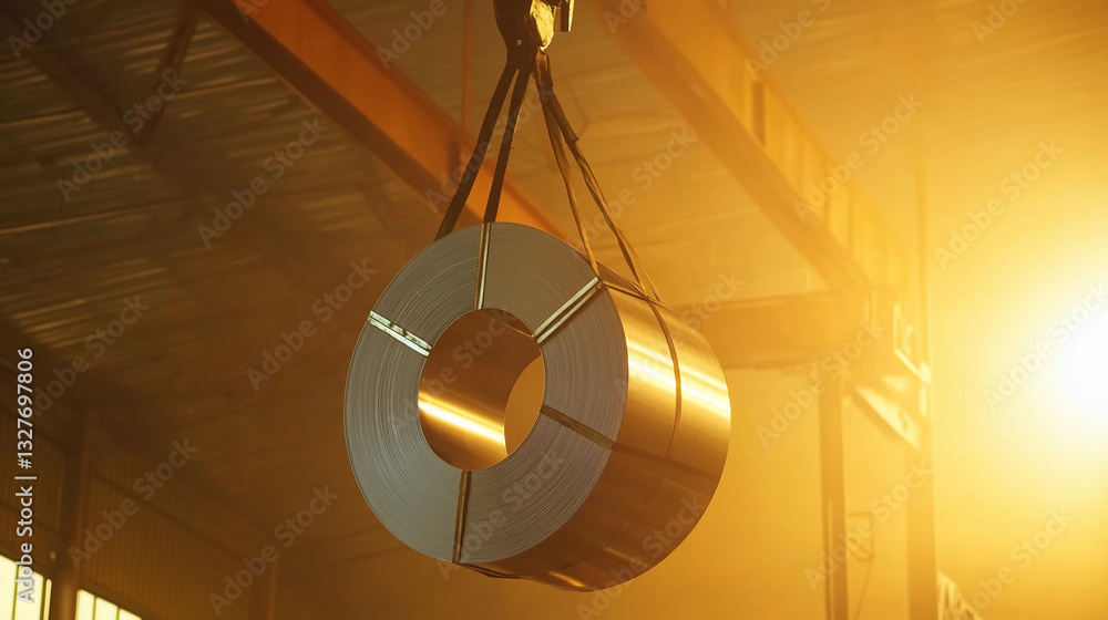 Aufkleber roll coil metal sheet being lifted by crane in factory generative ai