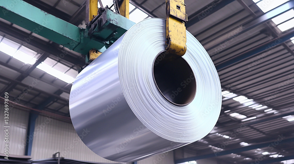 Poster Moving metal coil sheet with crane in industrial setting Generative AI