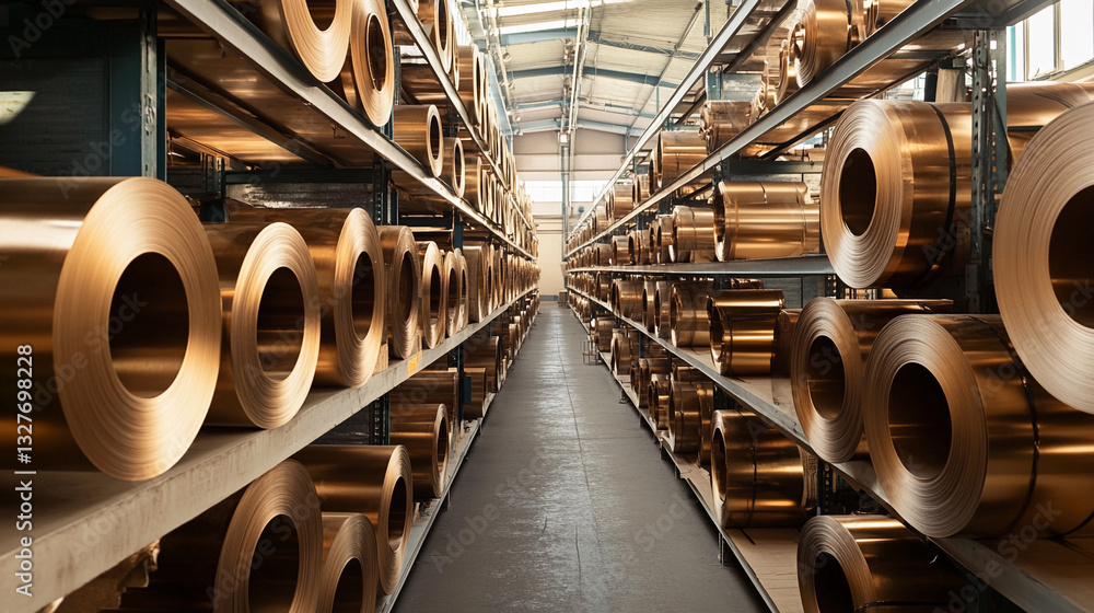 Aufkleber storage area filled with rolled bronze metal sheets generative ai