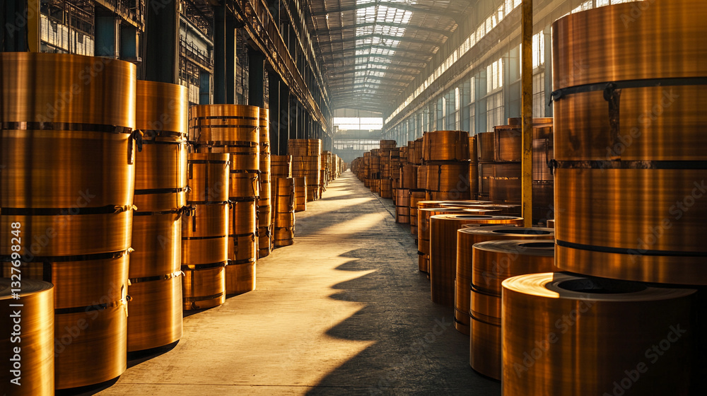 Poster stacks of rolled bronze metal sheets in storage facility generative ai
