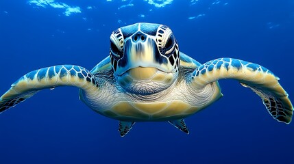 Swimming Green Sea Turtle Close-up in Deep Blue Ocean Water