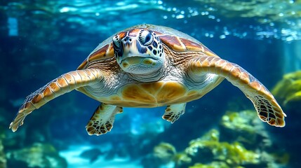 Fototapeta premium Sea Turtle Swimming Underwater Gracefully in Aquarium with Tropical Backdrop
