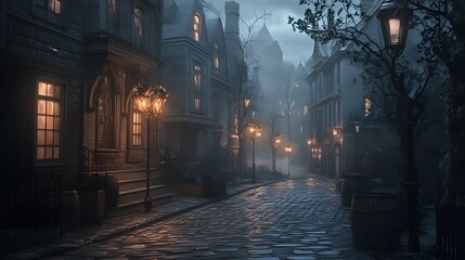 Hauntingly Beautiful Foggy Street with Victorian Architecture