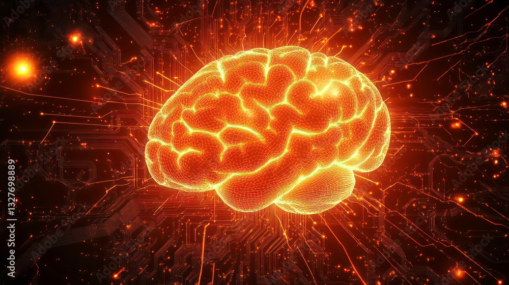 Poster a glowing, digital brain floats above a network of glowing circuits, symbolizing artificial intellig