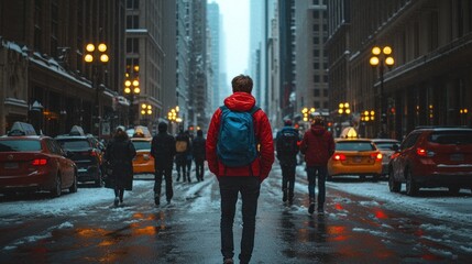 Snowy City Street Scene: A lone traveler with backpack walking through a snow-covered urban landscape at dusk