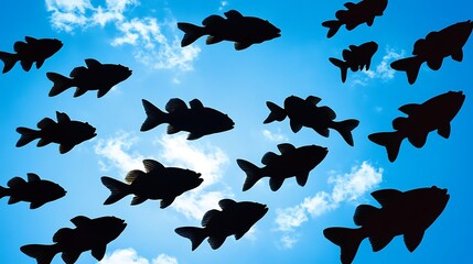 Silhouette of Fish Swimming in Blue Sky with White Clouds Pattern