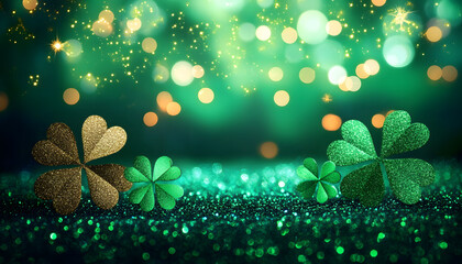 saint patrickrs day background green soft focus three leaf clovers and shamrocks with glitter and bokeh festive happy holidays st paddy s greeting card invitation promotion or banner backdrop