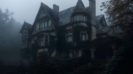 Foggy Tudor Mansion Covered in Ivy with a Gothic Atmosphere