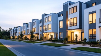 A sleek row of townhouses with white and gray facades, lit with subtle accent lighting that emphasizes their modern architectural design