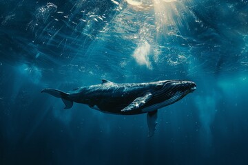 Fototapeta premium A humpback whale swims effortlessly through the deep blue water, bathed in sunlight filtering through the surface, A majestic whale swimming gracefully in the deep blue ocean