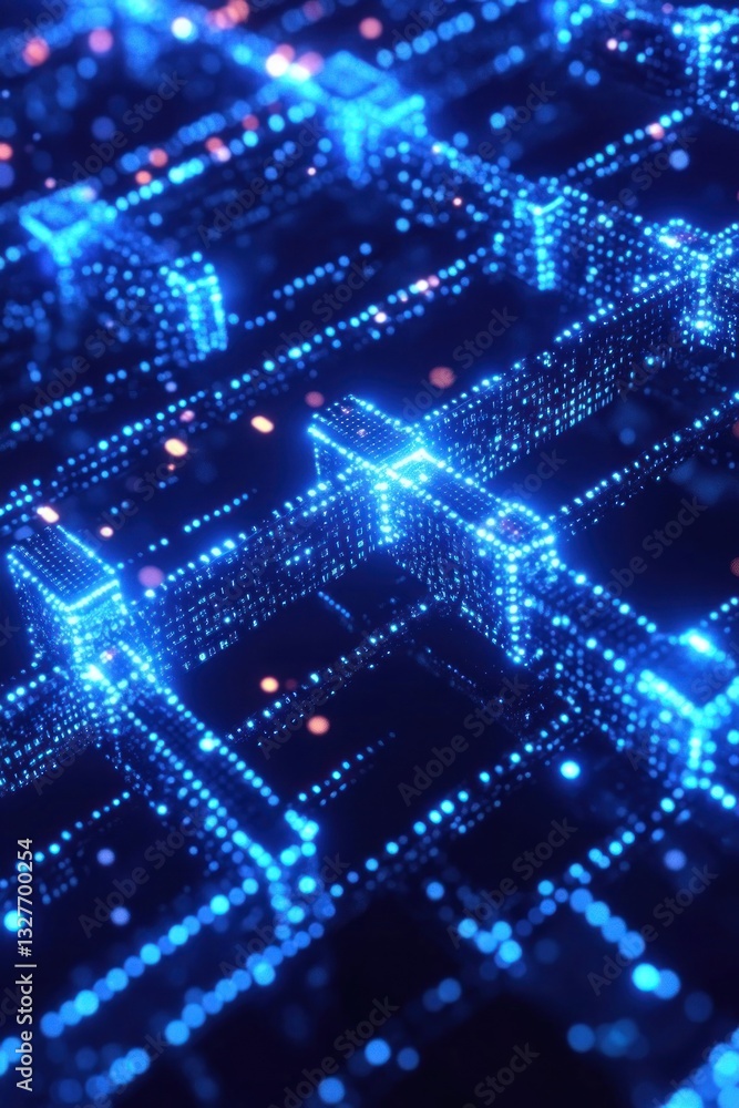 Poster a mesmerizing blue digital network grid illuminated with glowing dots, representing advanced technol