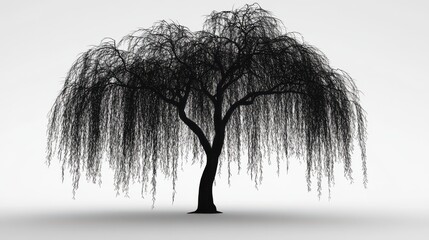 Black and white silhouette of a weeping willow tree.