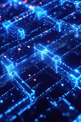 A mesmerizing blue digital network grid illuminated with glowing dots, representing advanced technology and data flow in a futuristic setting