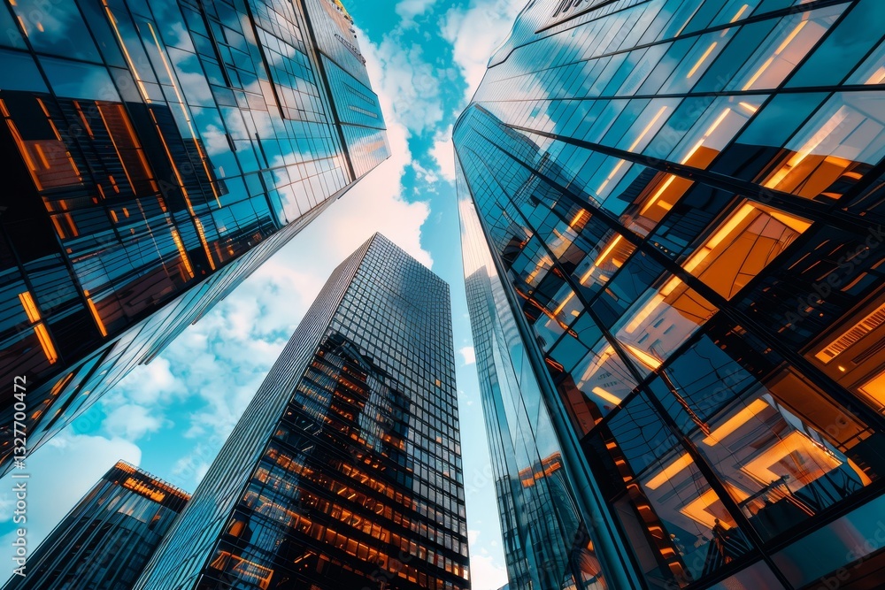 Poster a low-angle view of towering skyscrapers, reflecting the convergence of finance and technology in a 