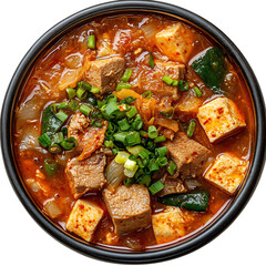 A Bowl of Korean Kimchi Jjigae Spicy Stew with Tofu and Vegetables Isolated on Transparent Background