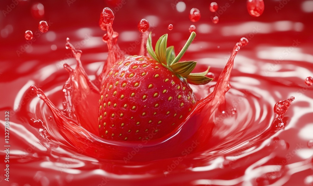Poster strawberry splashing in juice creating dynamic crown and ripple effect
