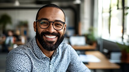 Smiling businessman portrait in modern office with glasses and beard
