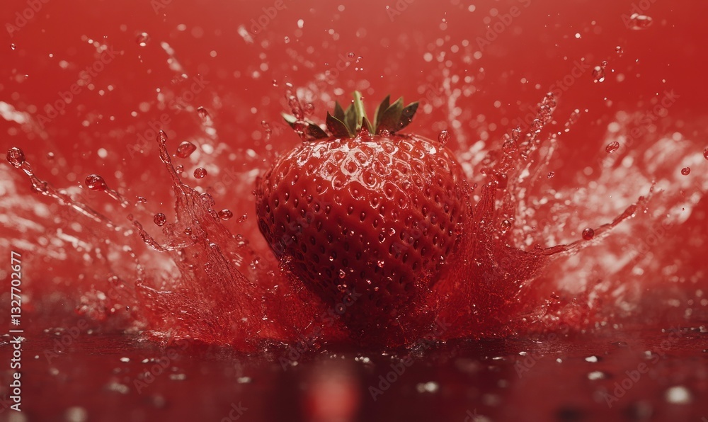 Poster strawberry splashing into red liquid with refreshing and vibrant visuals