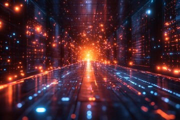 Obraz premium futuristic digital tunnel with a glowing, radiant pathway. The tunnel is lined with data streams and particles