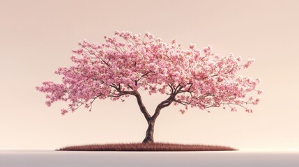 Fototapeta premium A solitary blossoming tree with pink flowers standing on a small patch of grass against a soft