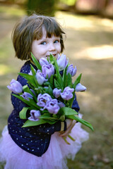 Fototapeta premium Little girl with purple tulips