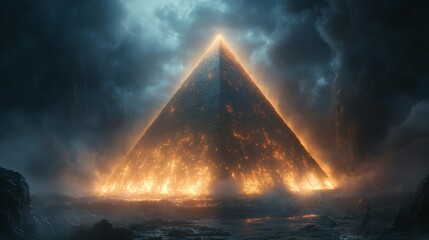 a mysterious glowing pyramid emitting a radiant light amidst a dark, dramatic landscape. The image creates a sense of awe, wonder, and ancient history. 