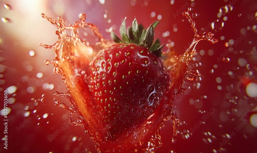 Poster fresh strawberry splashing into juice creating a vibrant and refreshing scene
