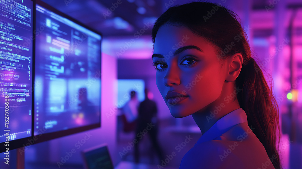 Poster woman looking over shoulder, illuminated by blue and red light, in front of large computer screens d