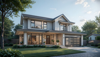 This image captures a One house built (detached house) using AI to highlight advanced features like energy efficiency and innovative home automation systems.
