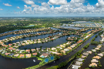 Flooding in Florida caused by tropical storm from hurricane Debby. Suburb houses in Laurel Meadows...