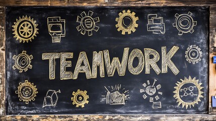 Obraz premium Teamwork Chalkboard Drawing with Gears and Technology Symbols Concept