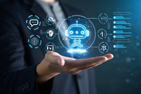 Hand holding chatbot globe with network connecting data. Chatbots are part of digital technology, utilizing artificial intelligence to interact with users, communication across platforms worldwide. - Powered by Adobe