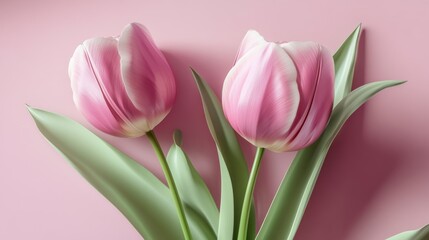 Elegant Pink Tulips with Green Leaves Against a Soft Background