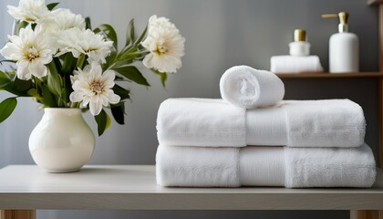 white flowers in a vase and towel on table