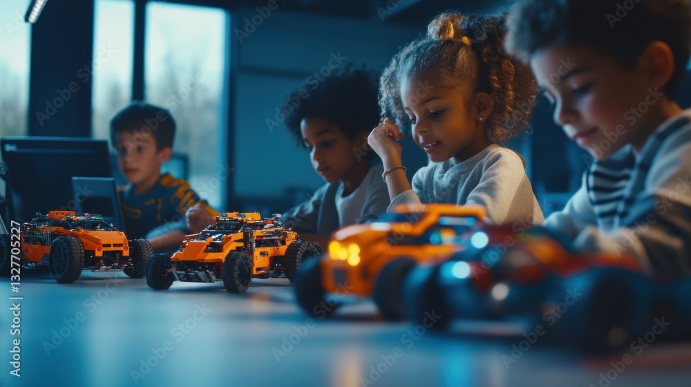 Aufkleber diverse school children students build robotic cars using computers and coding. happy multiethnic ki