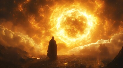 Fototapeta premium a person standing in silhouette, gazing at a magnificent sun-like explosion in the sky