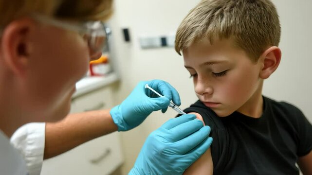 Doctor or nurse giving shot of vaccine to kid upper arm. Health, medicine, vaccination, childhood immunization schedule