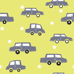 Seamless pattern with cute car on color background. Cartoot transport. Vector illustration. Doodle style. Design for baby print, invitation, poster, card, fabric, textile.