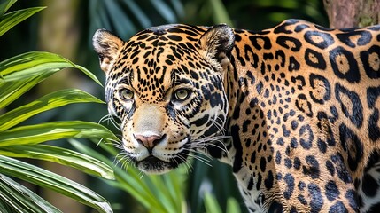 Fototapeta premium Close up of prowling jaguar with deep golden eyes rosette patterned fur and sharp whiskers A shadowy rainforest background adds depth and mystery