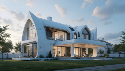 A futuristic One house built  (detached house) powered by AI to represent the integration of smart technology and eco-friendly design in modern homes.
