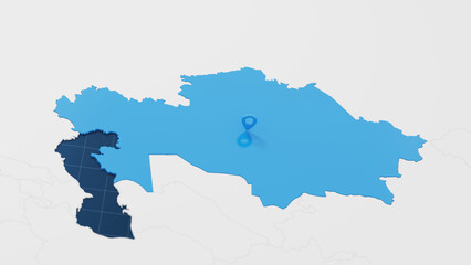 Blue Kazakhstan 3d map with pointer pin surrounded with other countries in white. Political map with borders. 3d render illustration