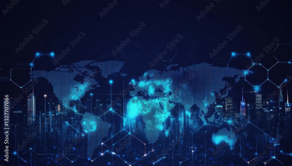 Poster digital technology blue background with world map and hexagon pattern for global network concept, di