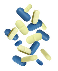 Many different pills flying on white background