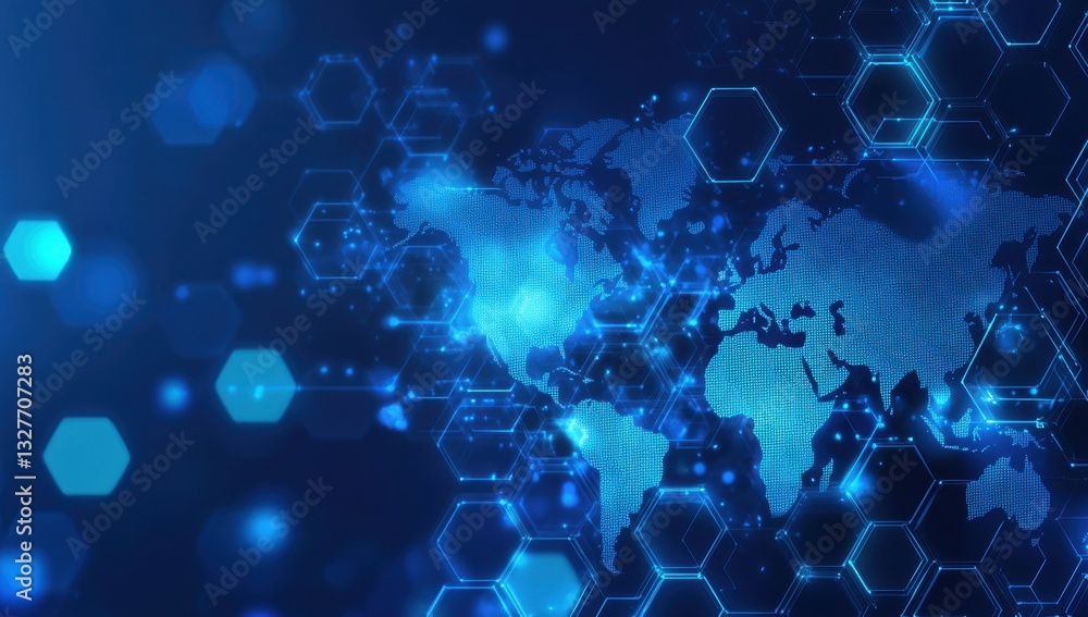 Poster digital technology background with a blue digital world map and hexagon pattern for global business,