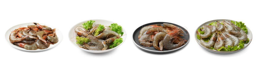 Fresh raw shrimps isolated on white, set