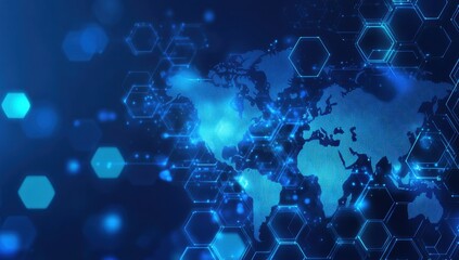 Digital technology background with a blue digital world map and hexagon pattern for global business, cyber security, or internet concept Generative AI